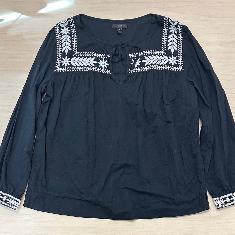J Crew long, sleeved blouse, white embroidery, size medium excellent condition